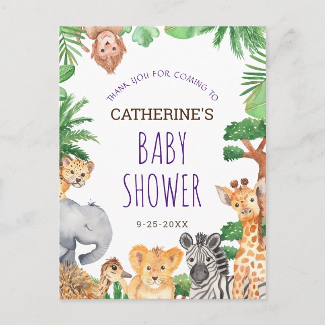 Cute Jungle Safari Animal Baby Shower Thank You Postcard (Front)