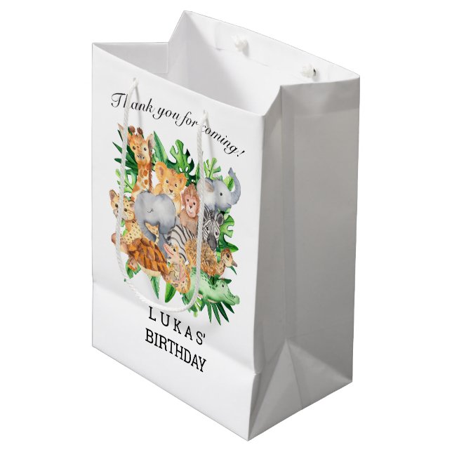 Cute Jungle Safari Animals 1st Birthday Party Medium Gift Bag (Front Angled)