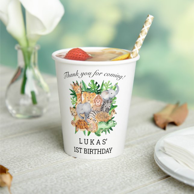 Cute Jungle Safari Animals 1st Birthday Party Paper Cups (Insitu)