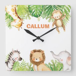 Cute Jungle Safari Animals Baby Boy Nursery Decor Square Wall Clock