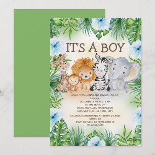 Cute Jungle Safari Animals Baby Boy Shower Invitation