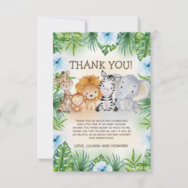 Cute Jungle Safari Animals Baby Boy Shower Thank You Card (Front)