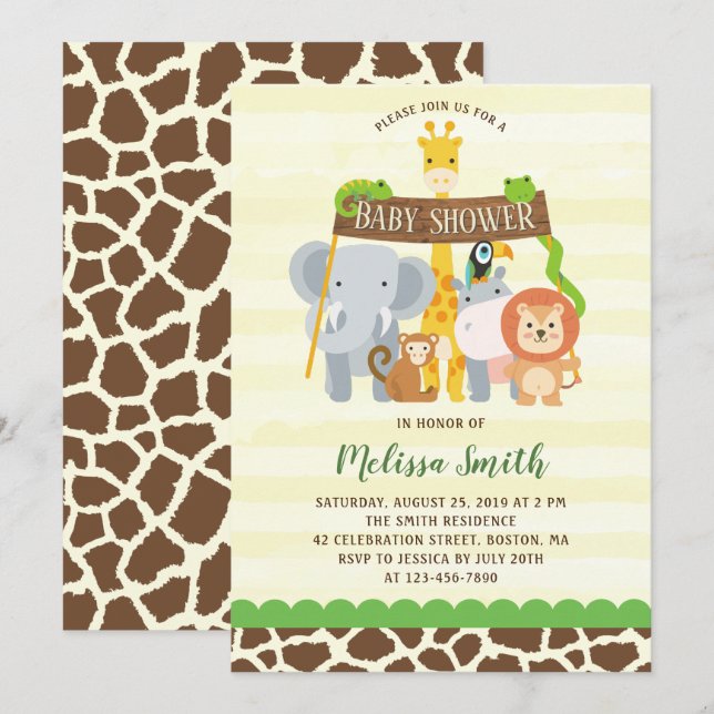 Cute Jungle Safari Animals Baby Shower Invitation (Front/Back)