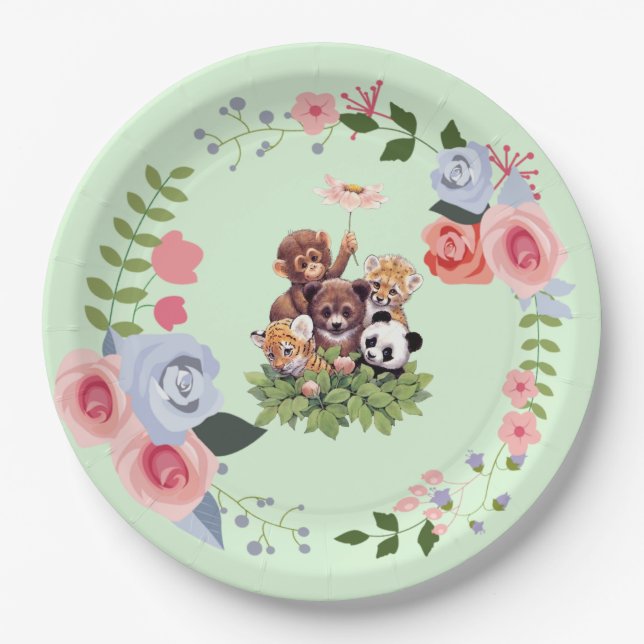 Cute Jungle Safari Animals Baby Shower Paper Plate (Front)