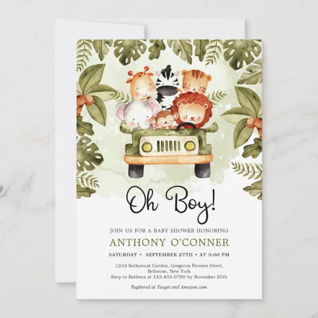 Cute jungle safari animals driving a truck oh boy invitation (Front)