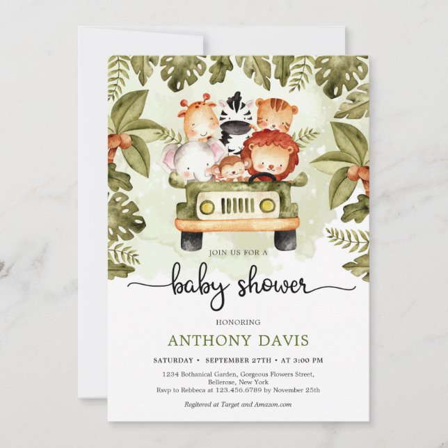 Cute jungle safari animals driving a truck summer invitation (Front)