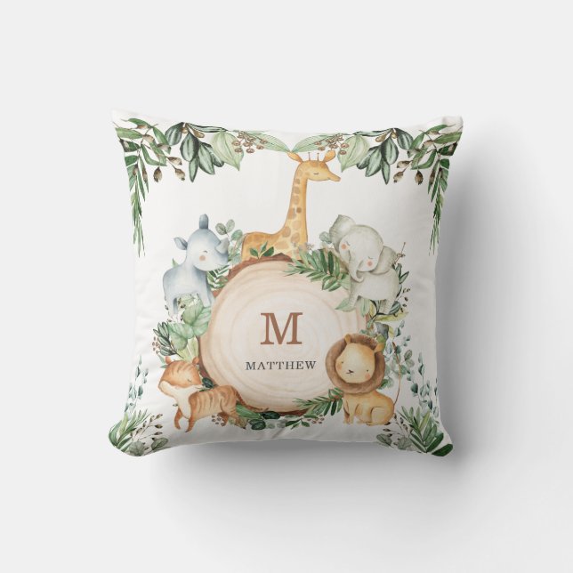 Cute Jungle Safari Animals Greenery Baby Nursery Cushion (Front)