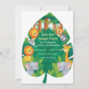Cute Jungle Safari Animals Leaf Shape 2nd Birthday Invitation