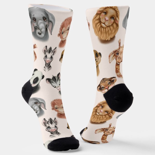 Cute Jungle Safari Animals Pattern Socks (Angled)