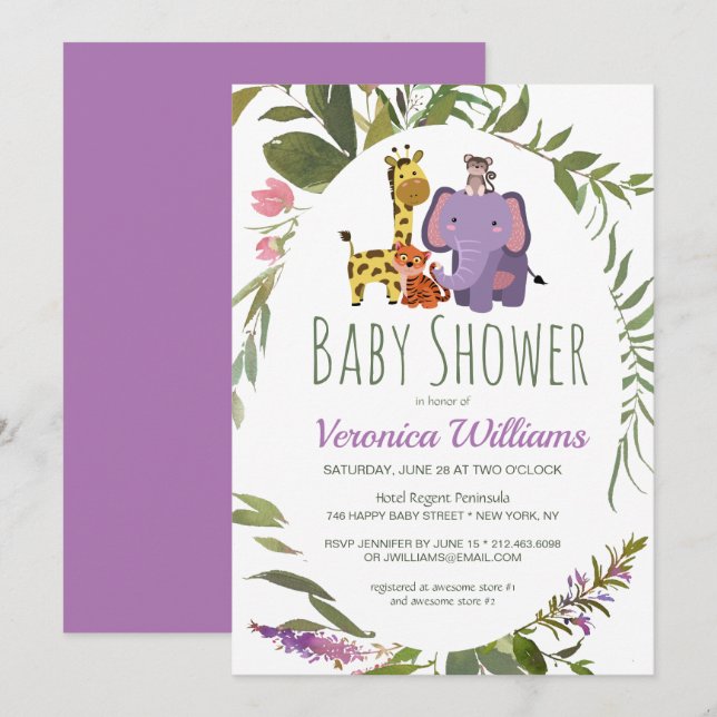 Cute Jungle Safari Animals Purple Baby Shower Invitation (Front/Back)