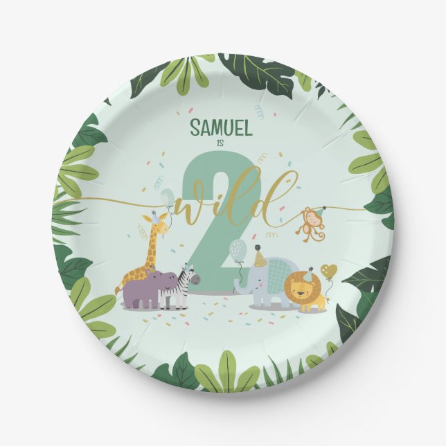 Cute Jungle Safari Animals Two Wild Birthday Paper Plate (Front)