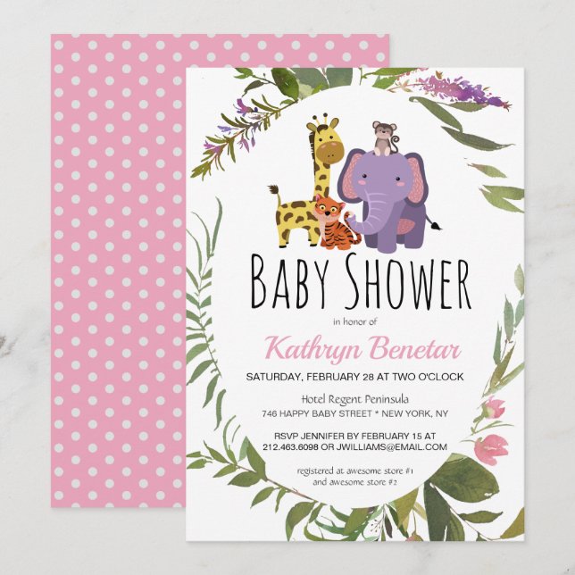 Cute Jungle Safari Animals Watercolor Baby Shower Invitation (Front/Back)