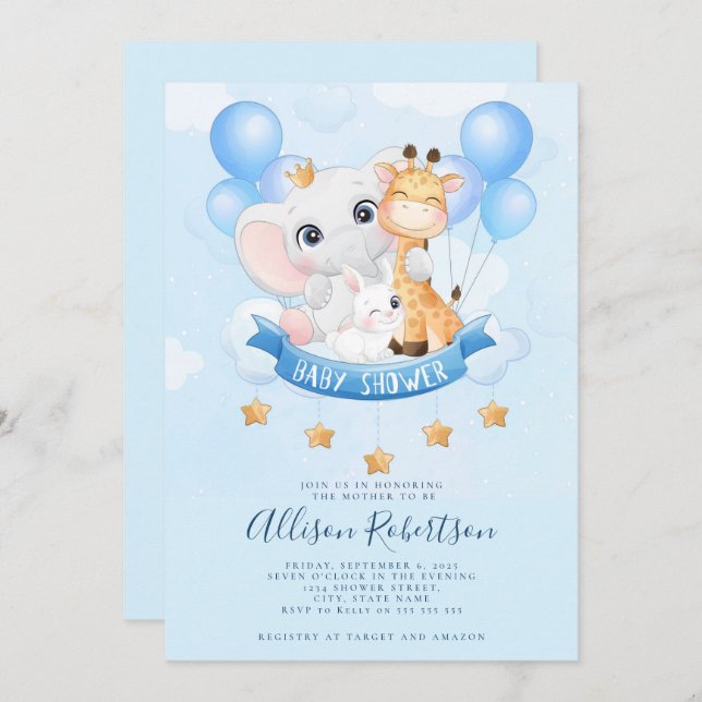 Cute Jungle Safari Animals Watercolor Baby Shower Invitation (Front/Back)