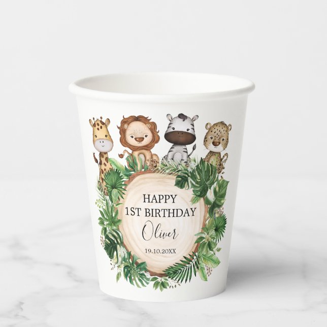 Cute Jungle Safari Animals Wild One 1st Birthday Paper Cups (Front)