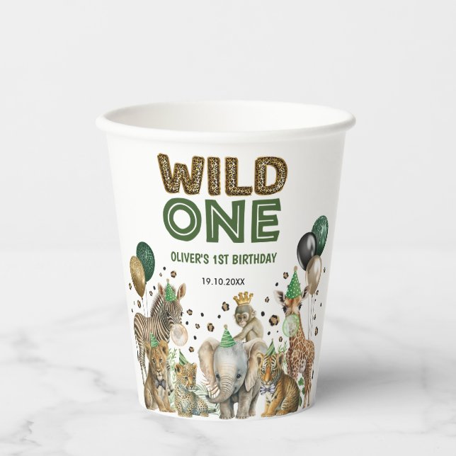 Cute Jungle Safari Animals Wild One 1st Birthday Paper Cups (Front)