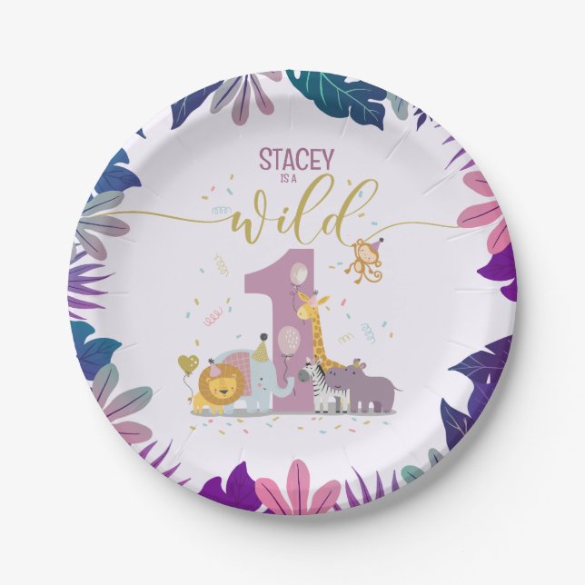 Cute Jungle Safari Animals Wild One Girl Birthday Paper Plate (Front)