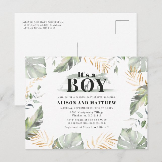 Cute Jungle Safari Baby Shower Boys Giraffe Invitation Postcard (Front/Back)