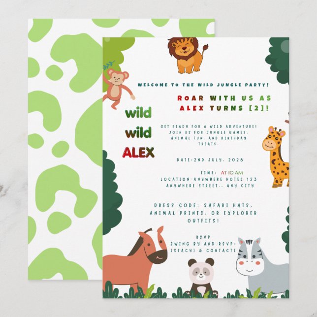 Cute Jungle Safari Birthday Invitation | Editable  (Front/Back)