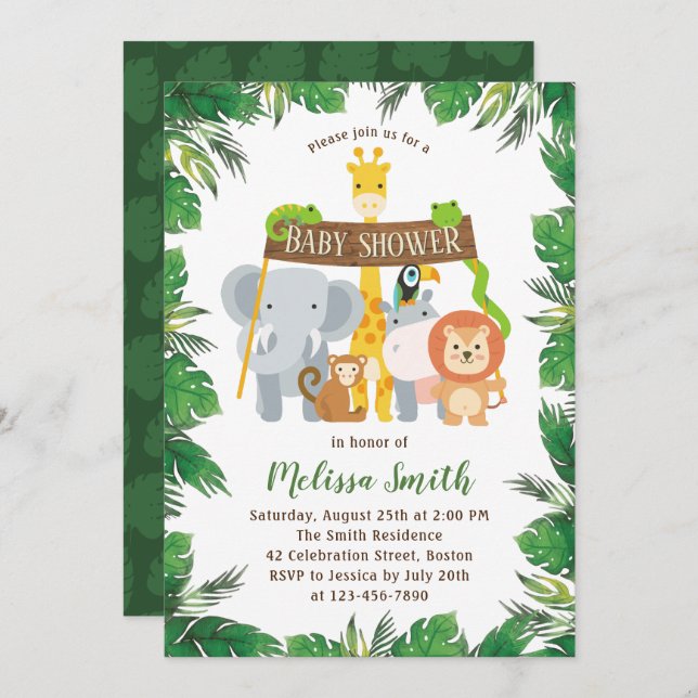 Cute Jungle Safari Forest Animals Baby Shower Invitation (Front/Back)