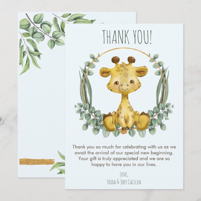 Cute Jungle Safari Giraffe Baby Shower Thank You Card (Front/Back)
