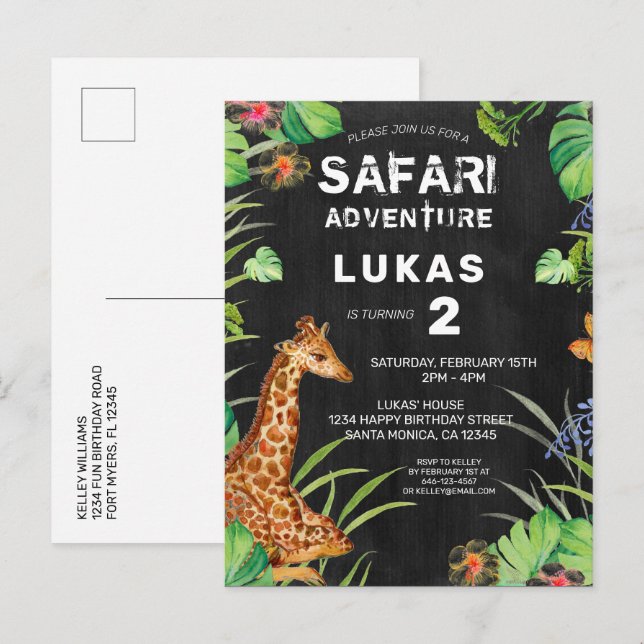 Cute Jungle Safari Giraffe Birthday Invitation (Front/Back)