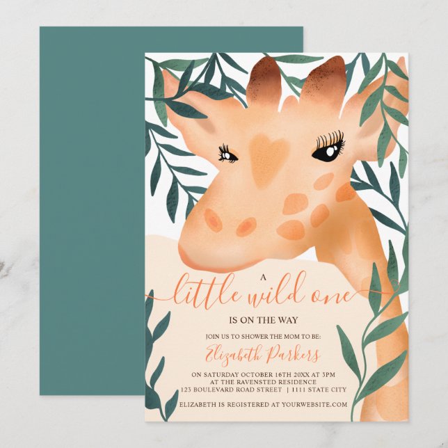 Cute jungle safari giraffe watercolor baby shower invitation (Front/Back)