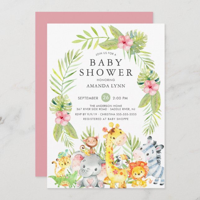 Cute Jungle Safari Girl Baby Shower Invitation (Front/Back)