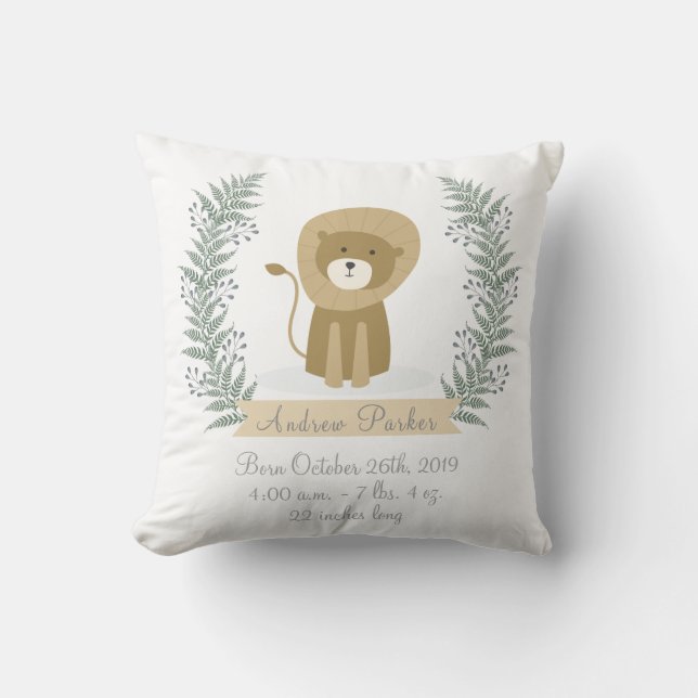 Cute Jungle Safari Lion Baby Boy Announcement Cushion (Front)
