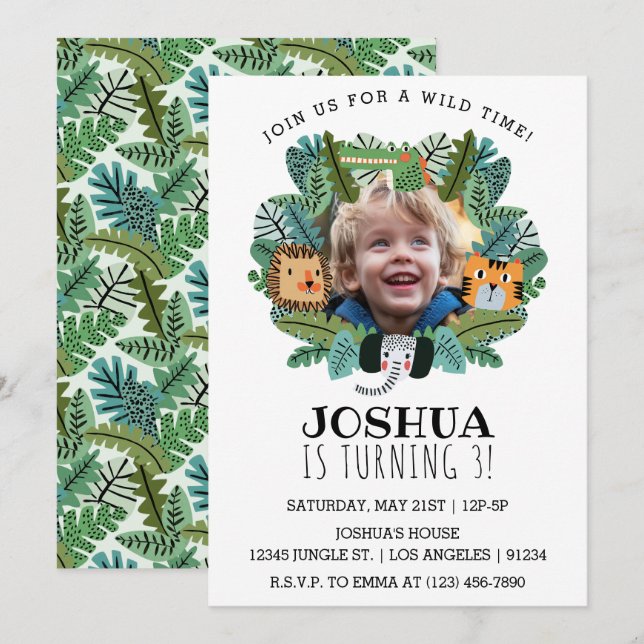 Cute Jungle Safari Lion Tiger Elephant Birthday Invitation (Front/Back)