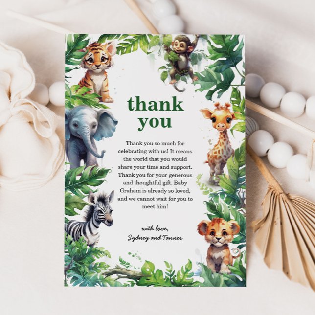 Cute Jungle Safari Tropical Animals Baby Shower Thank You Card (Creator Uploaded)