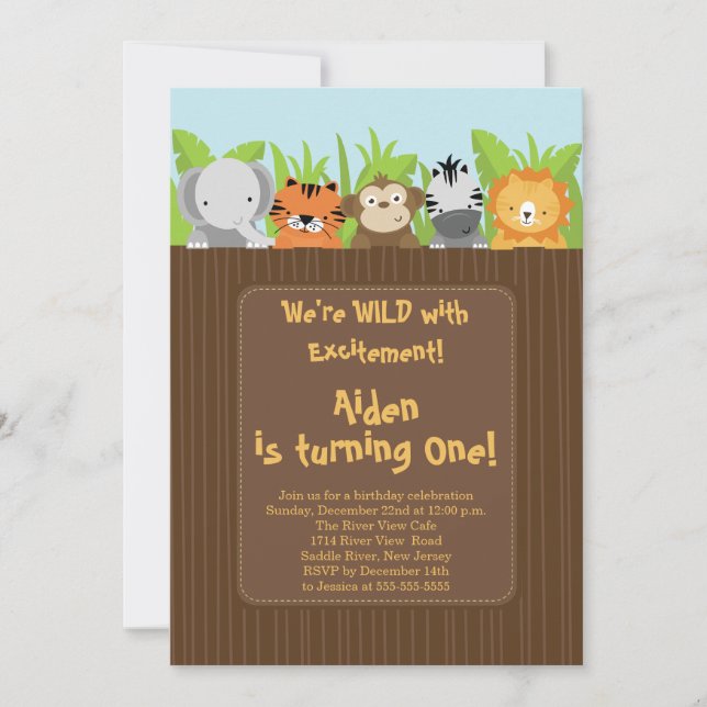 Cute Jungle Safari Zoo Animals Kids Birthday Invitation (Front)