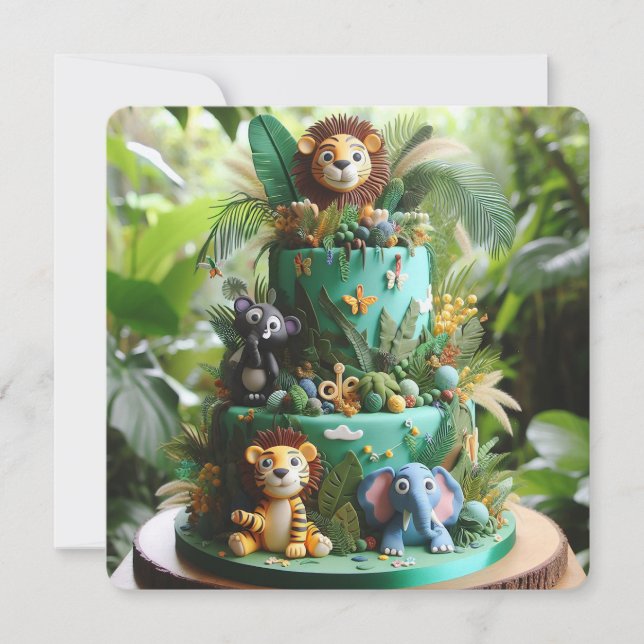CUTE JUNGLE THEMED KIDS BIRTHDAY CAKE CARD (Front)