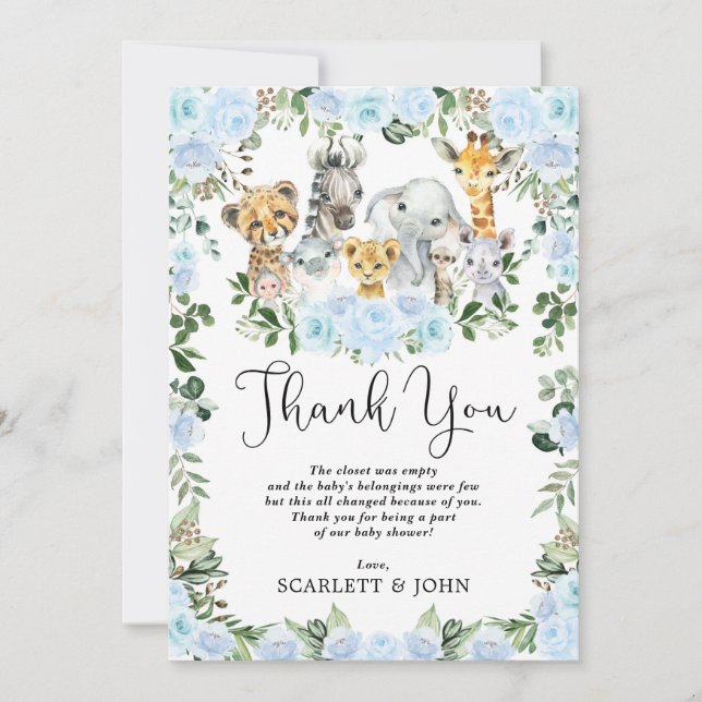 Cute Jungle Wild Animals Blue Floral Baby Boy Thank You Card (Front)