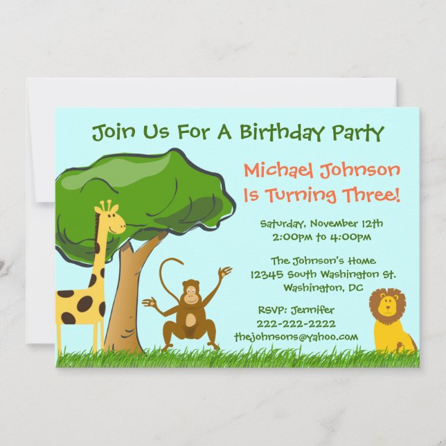 Cute Jungle Zoo Animals Grass Boy's Birthday Party Invitation (Front)