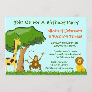 Cute Jungle Zoo Animals Grass Boy's Birthday Party Invitation