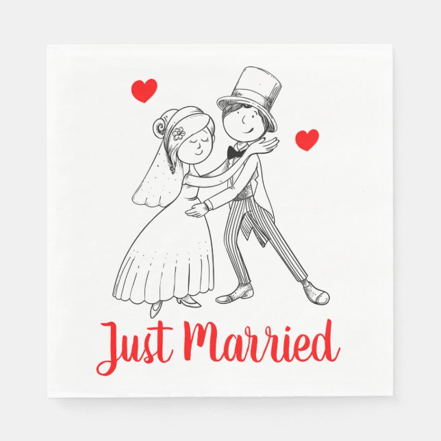 Cute Just Married Cartoon Bride Groom Red Wedding Napkin (Front)