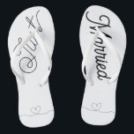 Cute Just Married Heart black script Flip Flops<br><div class="desc">Just Married Bride flip flops—a fun bridal gift for her. Modern black script font text decorated with a cute heart illustration. Simple elegant romantic black lettering. Order a pair for your honeymoon—let people know you just got married!</div>