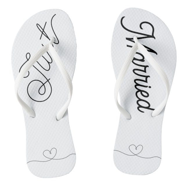 Cute Just Married Heart black script Flip Flops (Footbed)