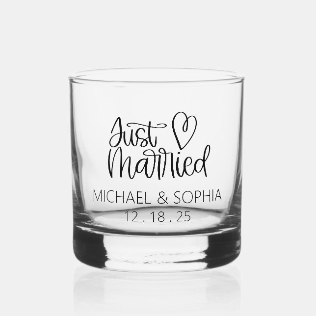 Cute Just Married Personalised Names Wedding Favou Whiskey Glass (Front)