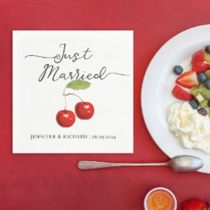 Cute Just Married Retro Red Cherries Wedding  Napkin