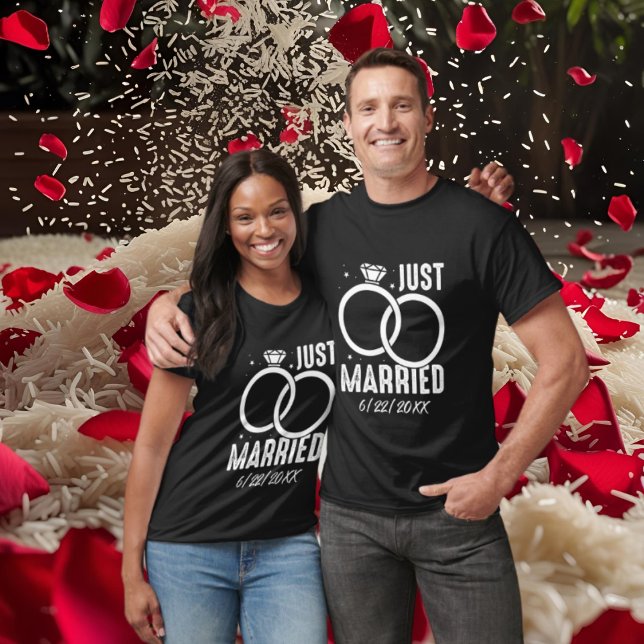 Cute Just Married wedding word art add date T-Shirt (Creator Uploaded)