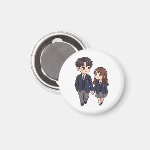 Cute K-Drama School Student Couple Round Fridge  Magnet