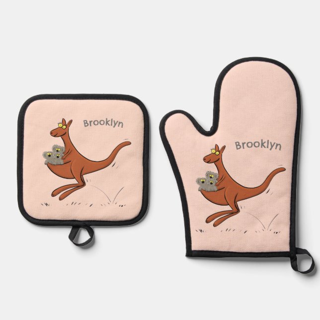 Cute kangaroo and koalas cartoon illustration oven mitt & pot holder set (Front)
