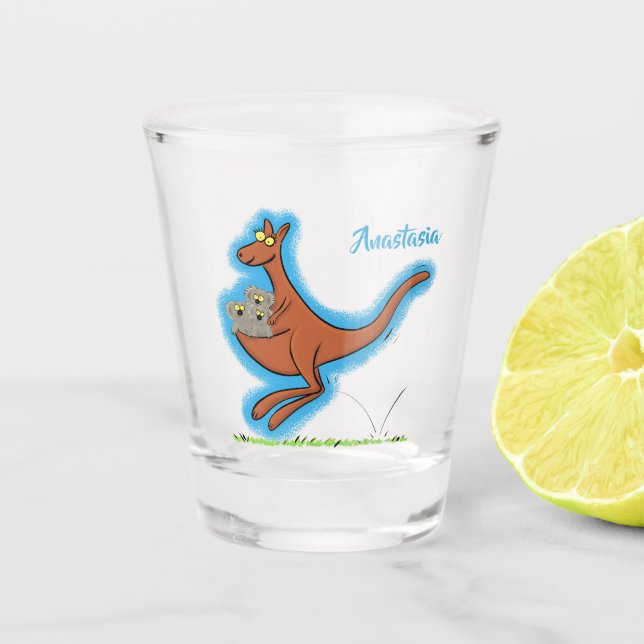 Cute kangaroo and koalas cartoon illustration shot glass (Front)