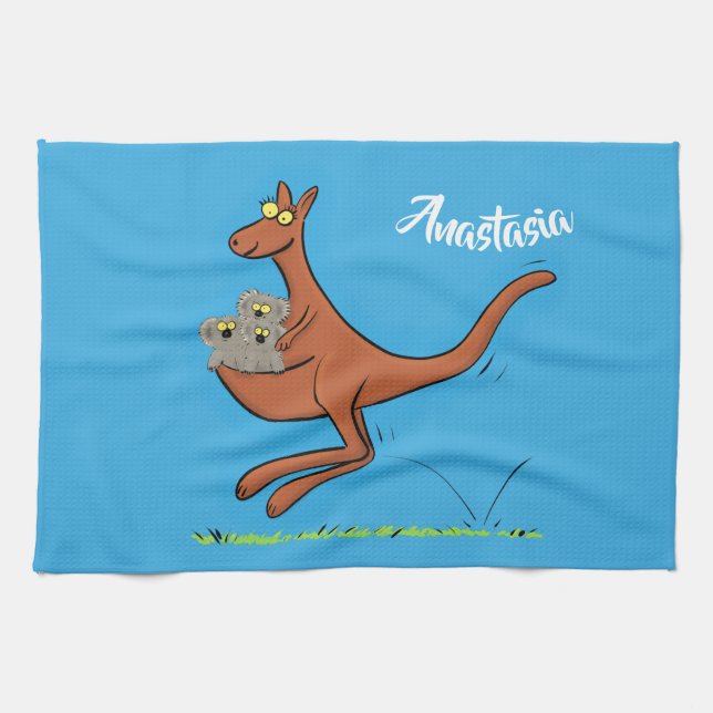 Cute kangaroo and koalas cartoon illustration tea towel (Horizontal)