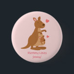 Cute Kangaroo Baby Joey For Kids 6 Cm Round Badge<br><div class="desc">A cute cartoon design as a small gift for kids! It has a kangaroo with her little baby joey in her pouch. Kangaroo is known for their parenting. This design expresses mother's love for child. Personalise with text for child. Background colour can be changed.</div>