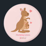 Cute Kangaroo Baby Joey Kids Personalised Magnet<br><div class="desc">A cute cartoon design as a small gift for kids! It has a kangaroo with her little baby joey in her pouch. Kangaroo is known for their parenting. This design expresses mother's love for child. Personalise with text for child. Background colour can be changed.</div>