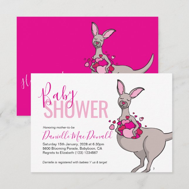 Cute kangaroo heart pouch baby shower invitations (Front/Back)