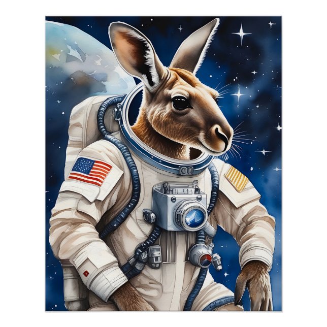 Cute Kangaroo in Astronaut Suit in Outer Space Poster (Front)