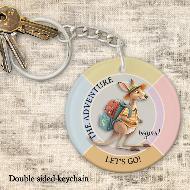 Cute Kangaroo Traveler The Adventure Begins Key Ring (Cute cartoon kangaroo travel themed adventure kids back to school keychain)
